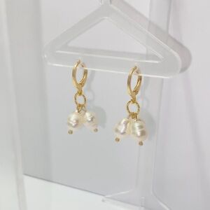 Freshwater Pearl Cluster Dangle Gold Hoop Earrings